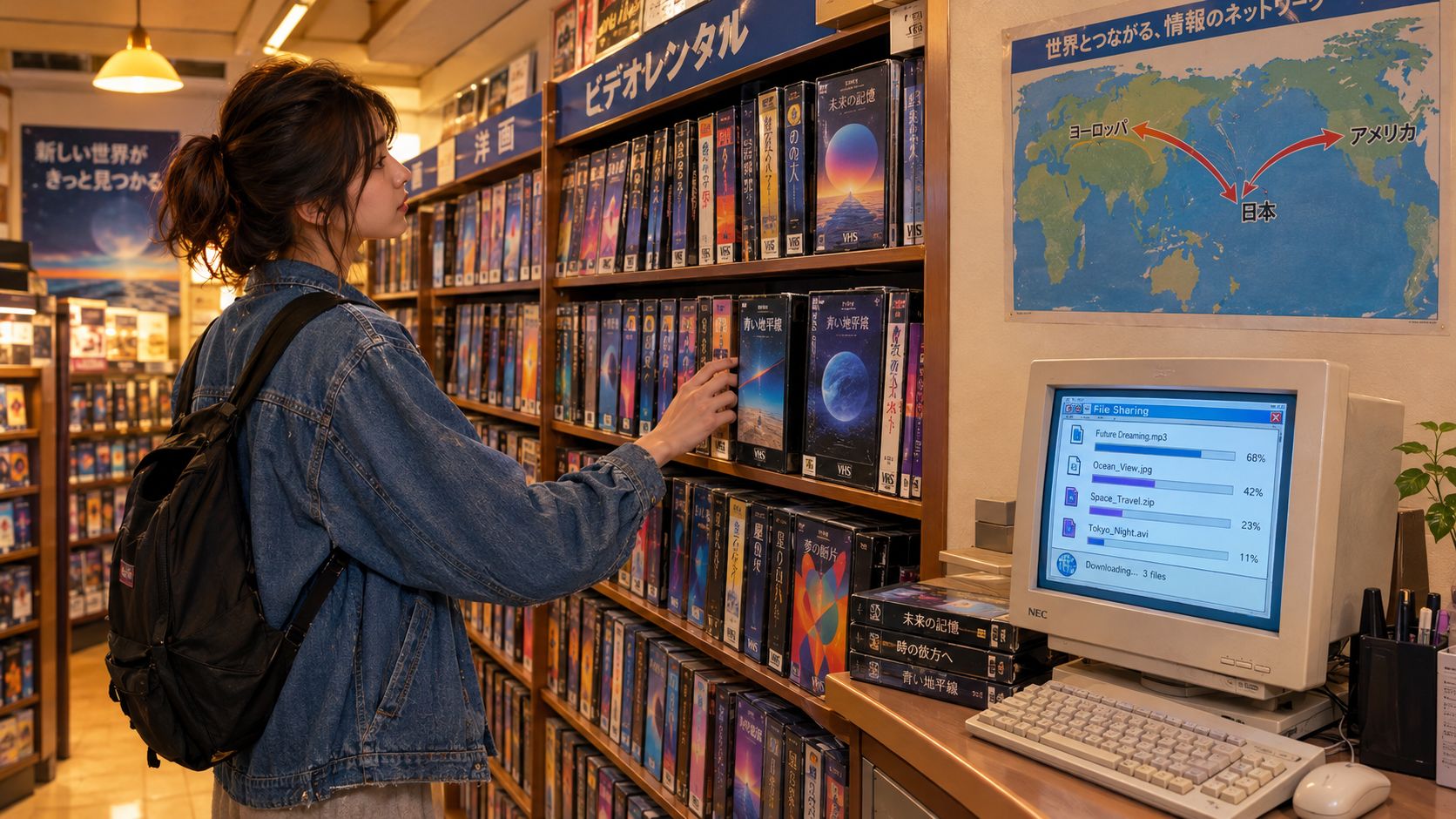 A young woman browsing a vintage VHS rental store, standing beside an old computer monitor showing file downloads.