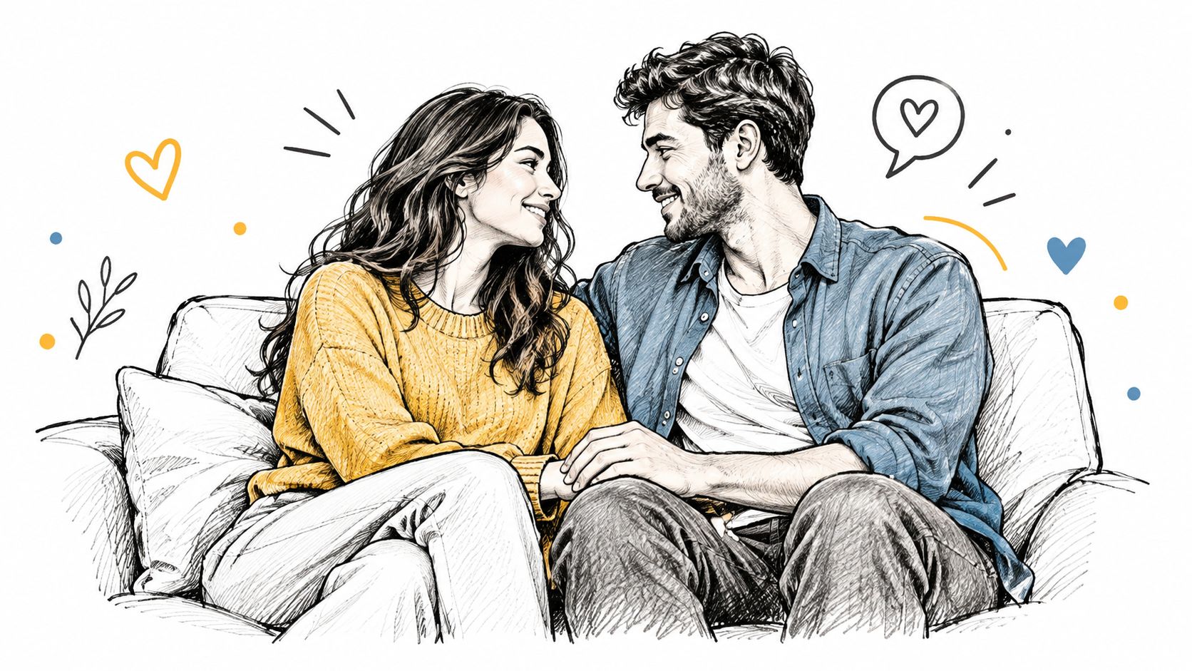 A happy young couple looking at each other lovingly while sitting together on a comfortable sofa.