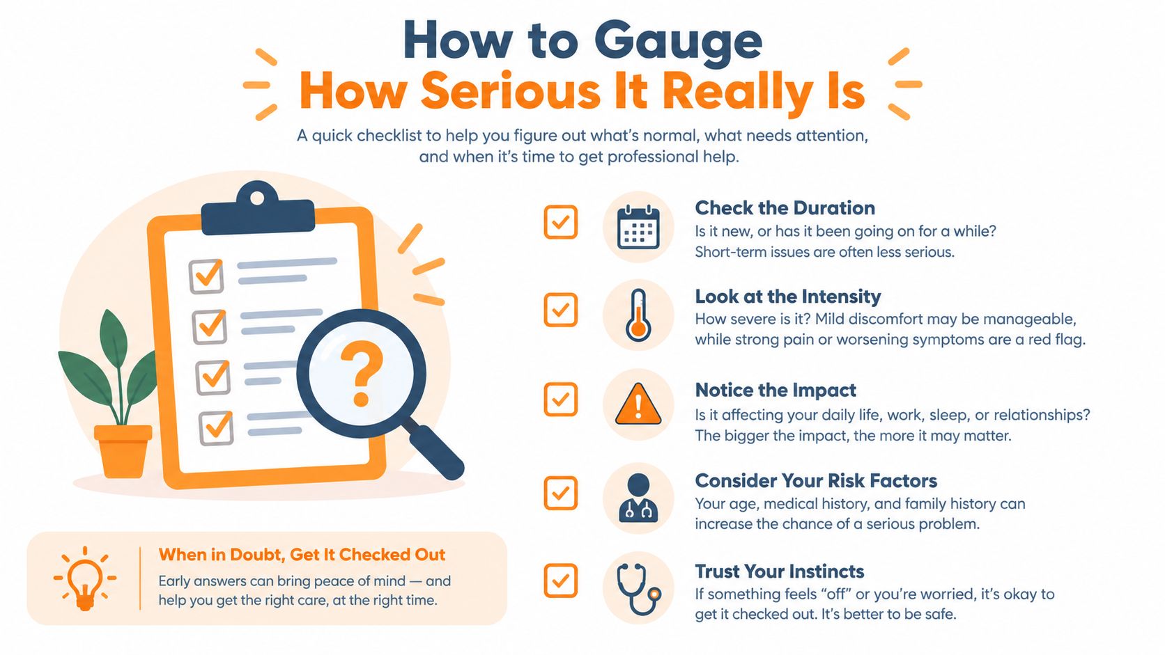 An infographic checklist titled How to Gauge How Serious It Really Is, guiding on when to seek help.