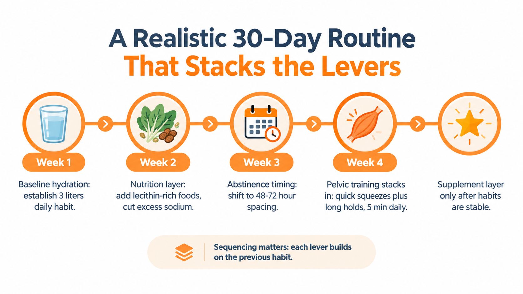 A 30-day routine infographic illustrating steps for sexual wellness through hydration, nutrition, and pelvic muscle training exercises.
