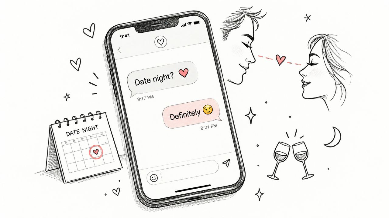 A smartphone displaying a romantic date night text message exchange next to a calendar and couple illustration.