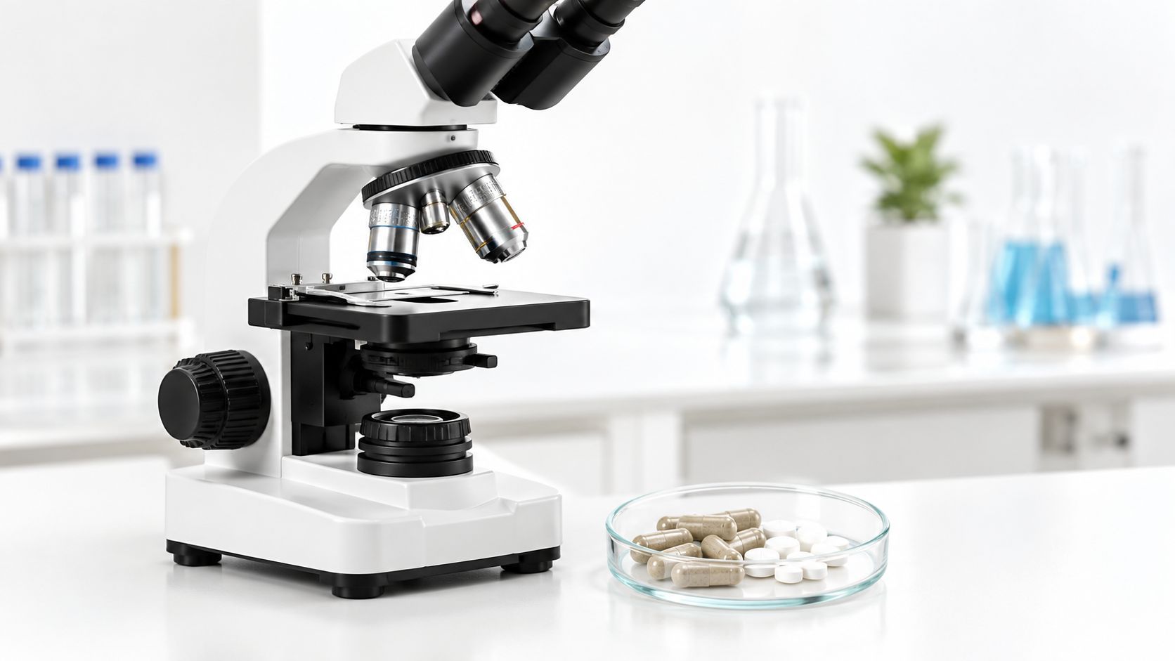 A laboratory microscope next to a petri dish filled with various pills and capsules on a table.
