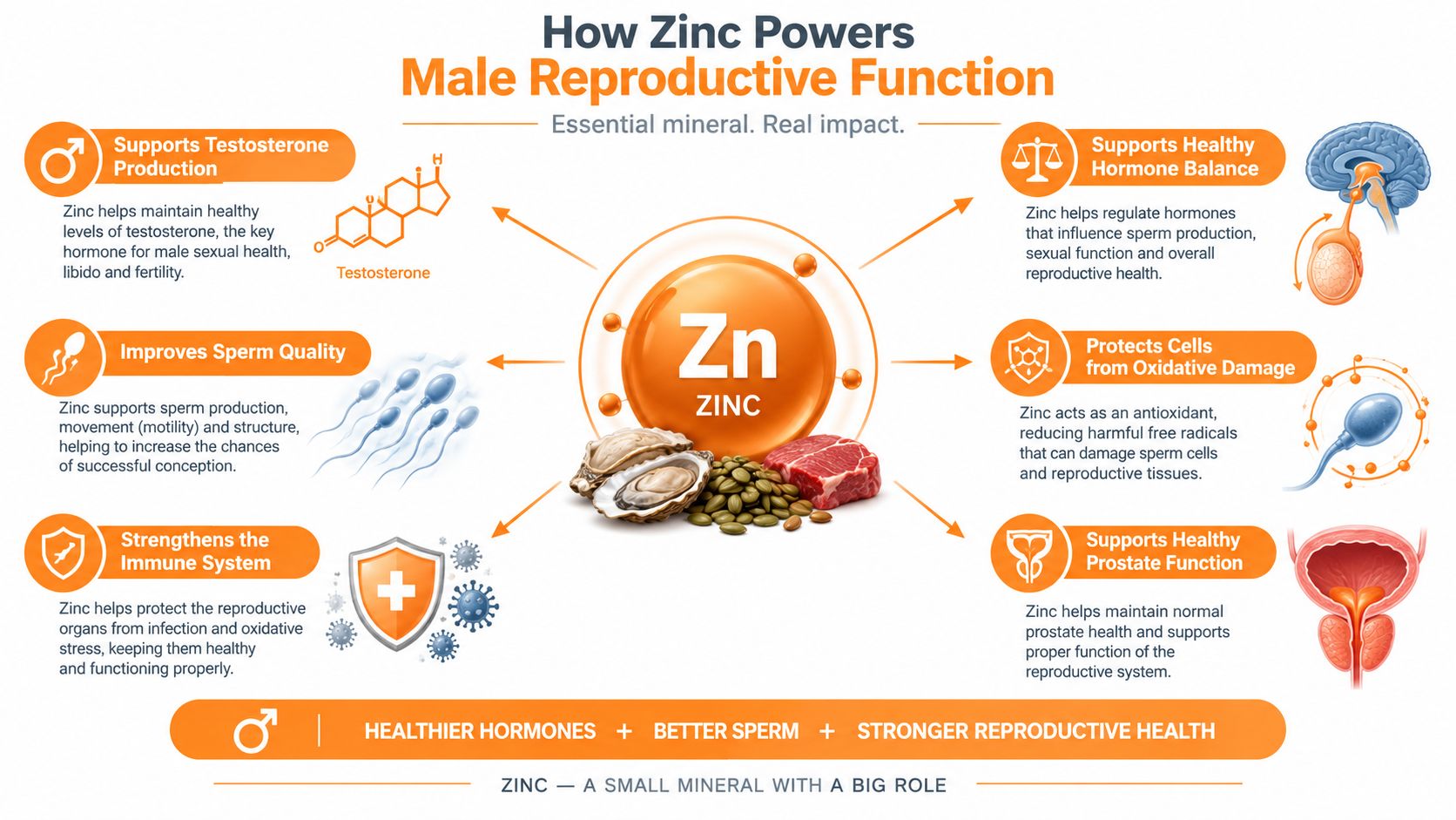 An infographic detailing how zinc promotes male reproductive health, sperm quality, testosterone production, and prostate function.