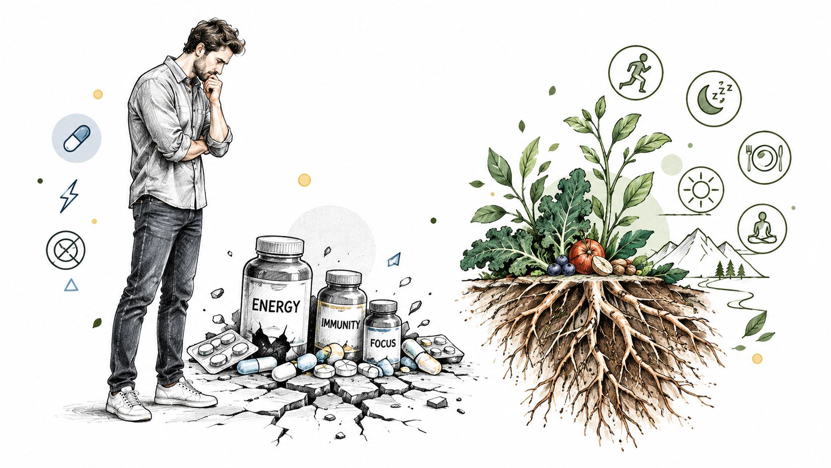 A man choosing between artificial supplement bottles and natural plant-based nutrition for better health and wellness.