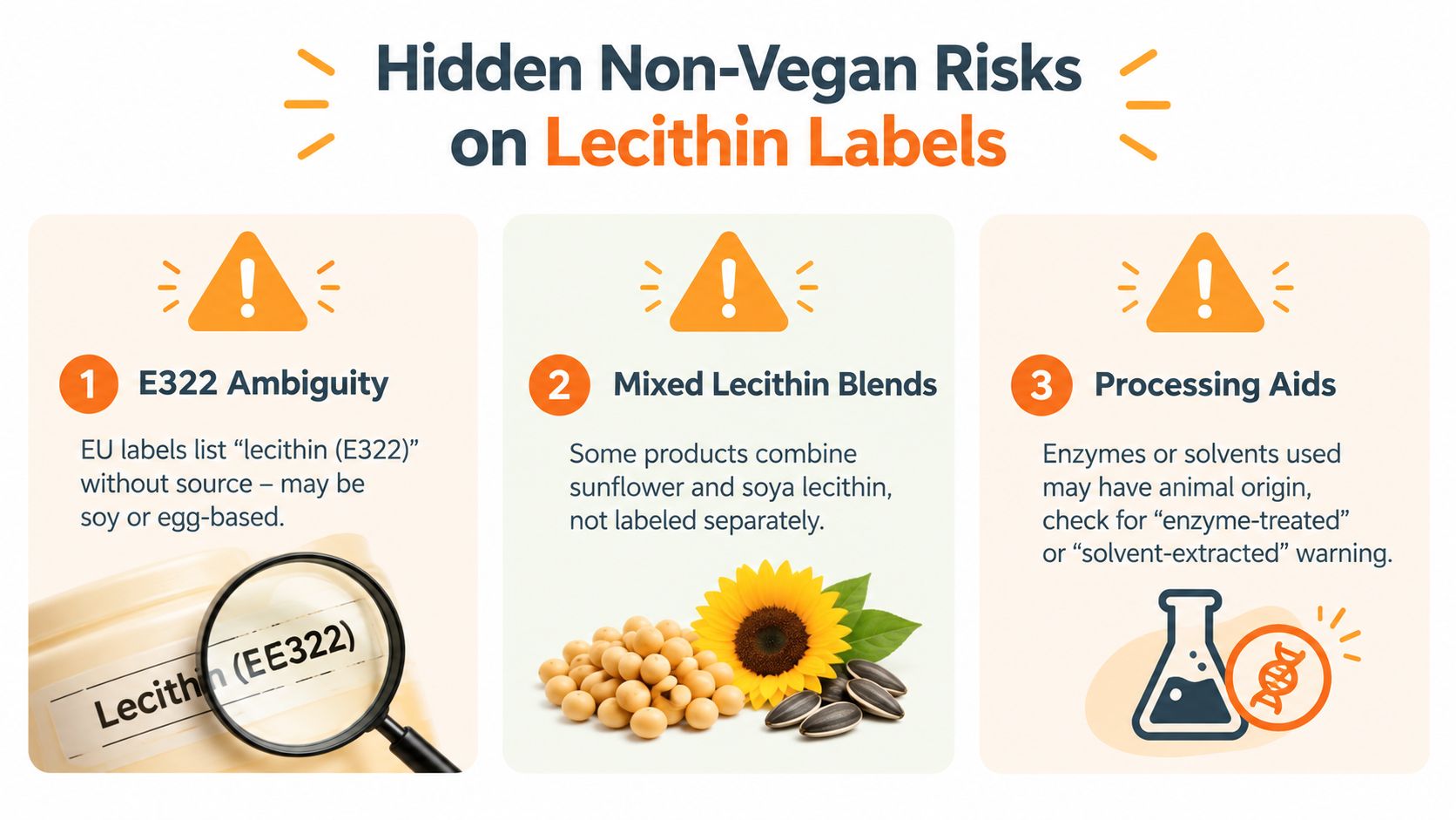 An infographic detailing three hidden non-vegan risks when reading lecithin labels on food products.