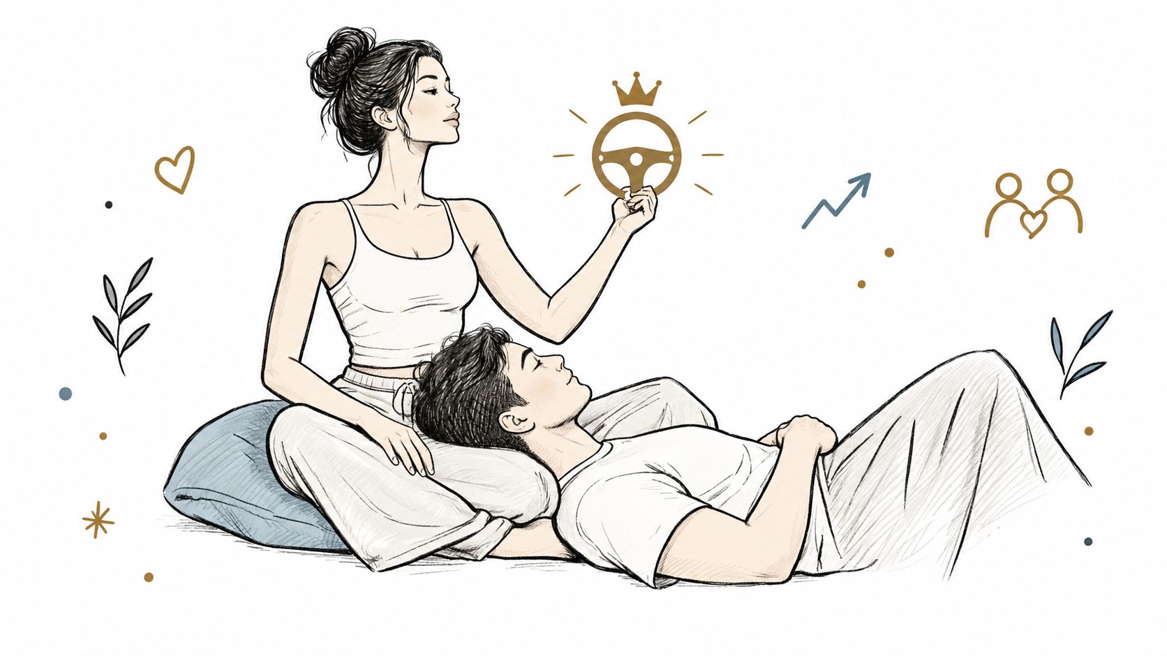 A woman sits comfortably while a man rests his head on her lap in a peaceful setting.