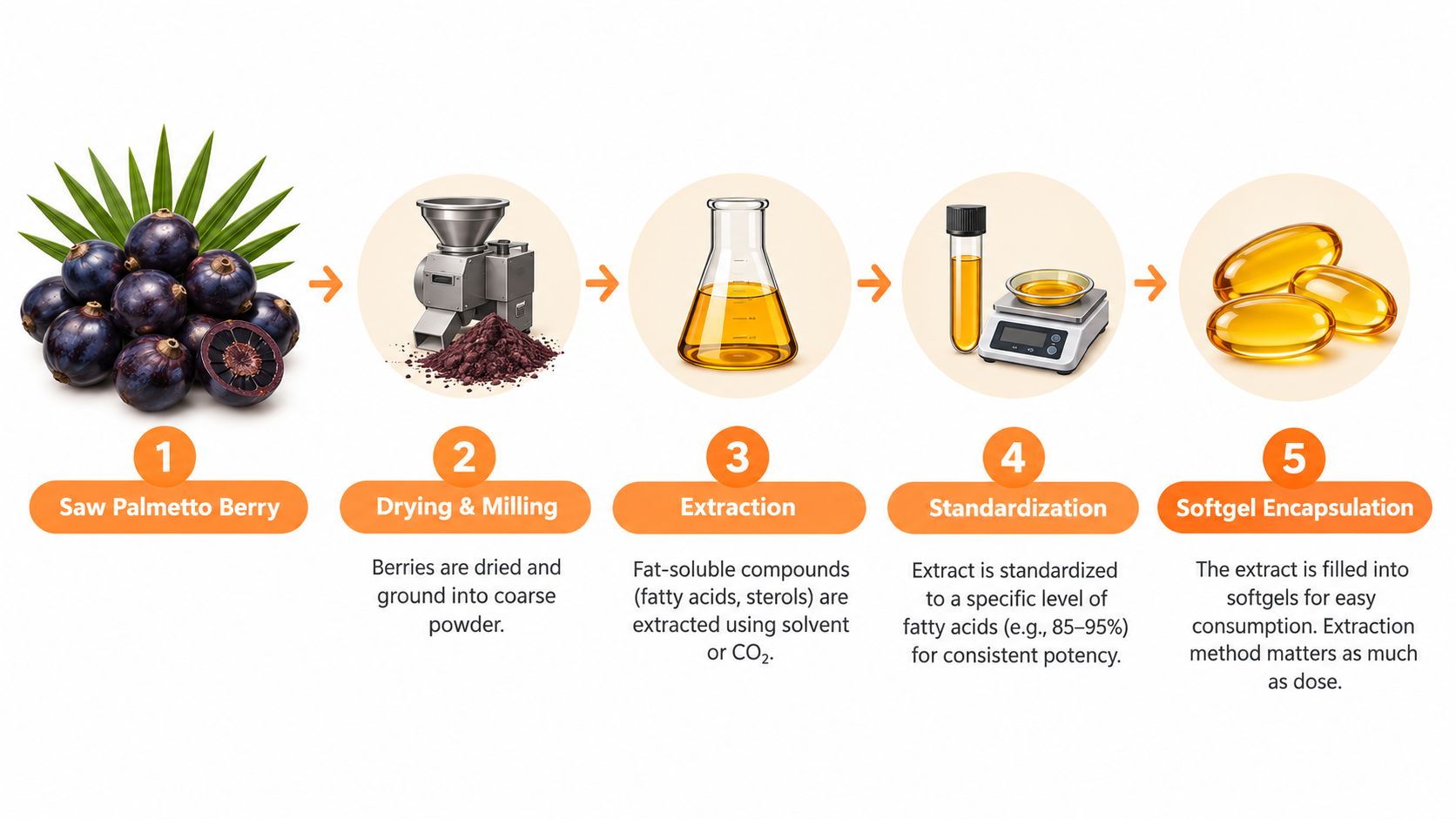 A step-by-step infographic showing the manufacturing process of saw palmetto extract from berries to softgel capsules.