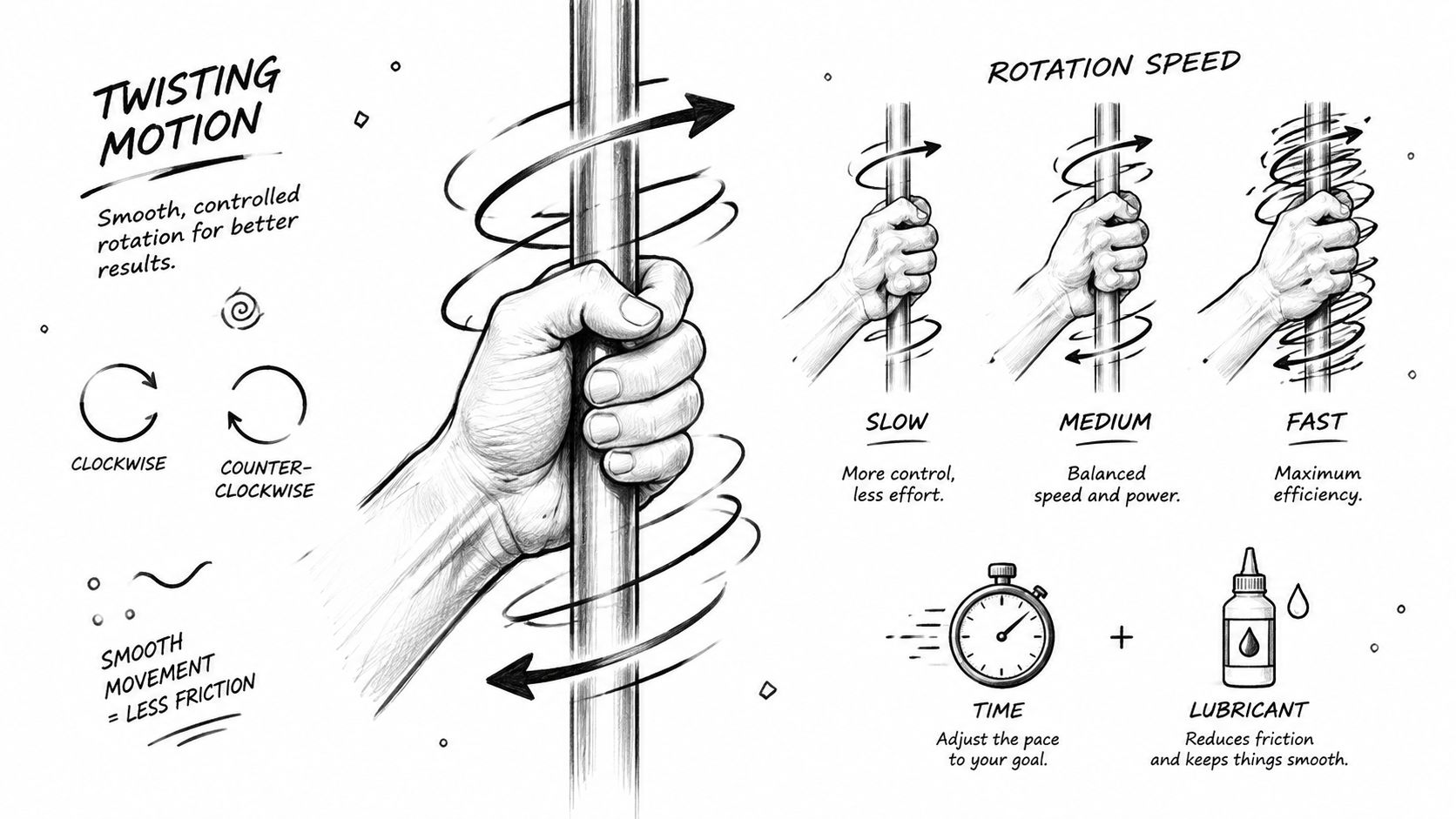 A sketched illustration demonstrating hand techniques for twisting motion, rotation speeds, and the use of lubricant.