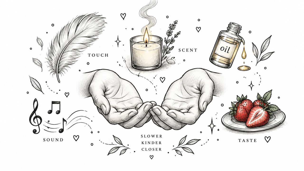 A line art illustration representing five senses, focusing on themes of romance, intimacy, and relaxation for couples.