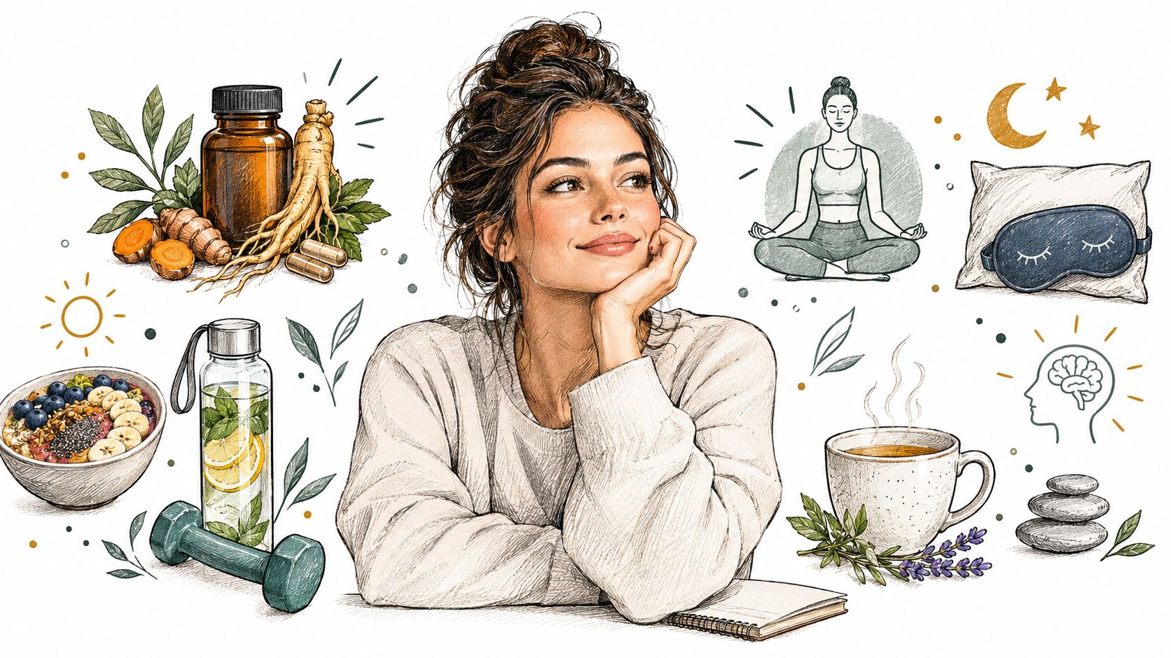 A woman surrounded by healthy lifestyle elements including supplements, exercise, nutritious food, mindfulness, and good sleep habits.