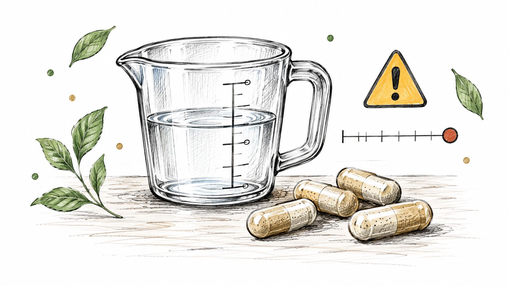 A measuring cup of water next to herbal capsules, warning sign, and green plant leaves on wood.