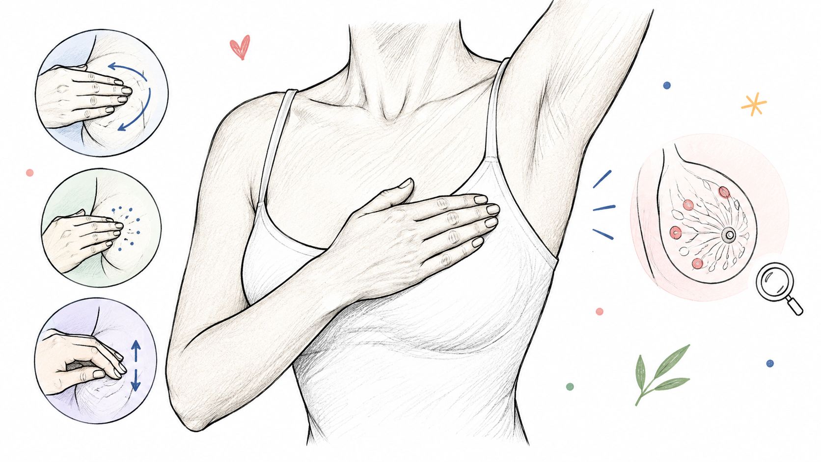 A diagram demonstrating the steps for a breast self-examination to detect potential abnormalities or lumps.