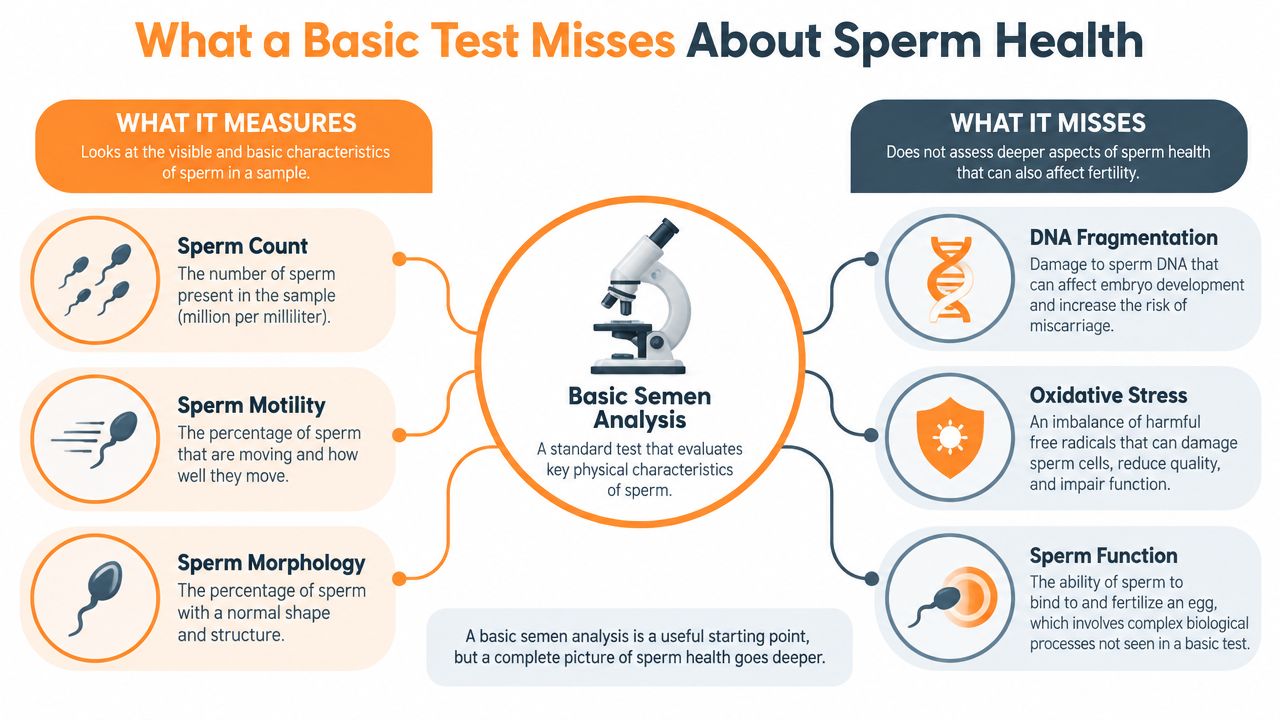 An infographic titled What a Basic Test Misses About Sperm Health comparing standard semen analysis measurements with missing aspects.