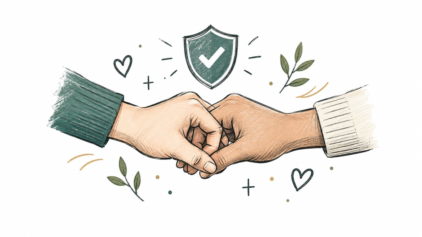 A hand-drawn illustration showing two hands clasped in support with a green protective shield icon above.