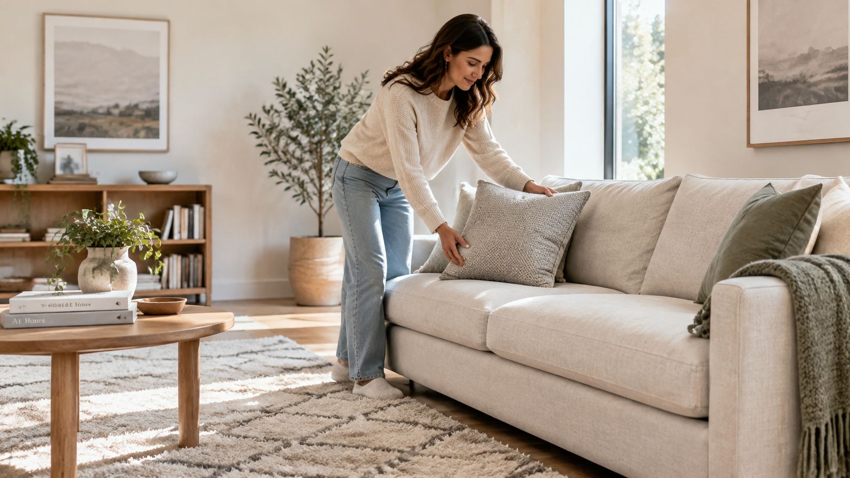 A woman arranging a decorative throw pillow on a modern light-colored sofa in a bright, cozy living room.