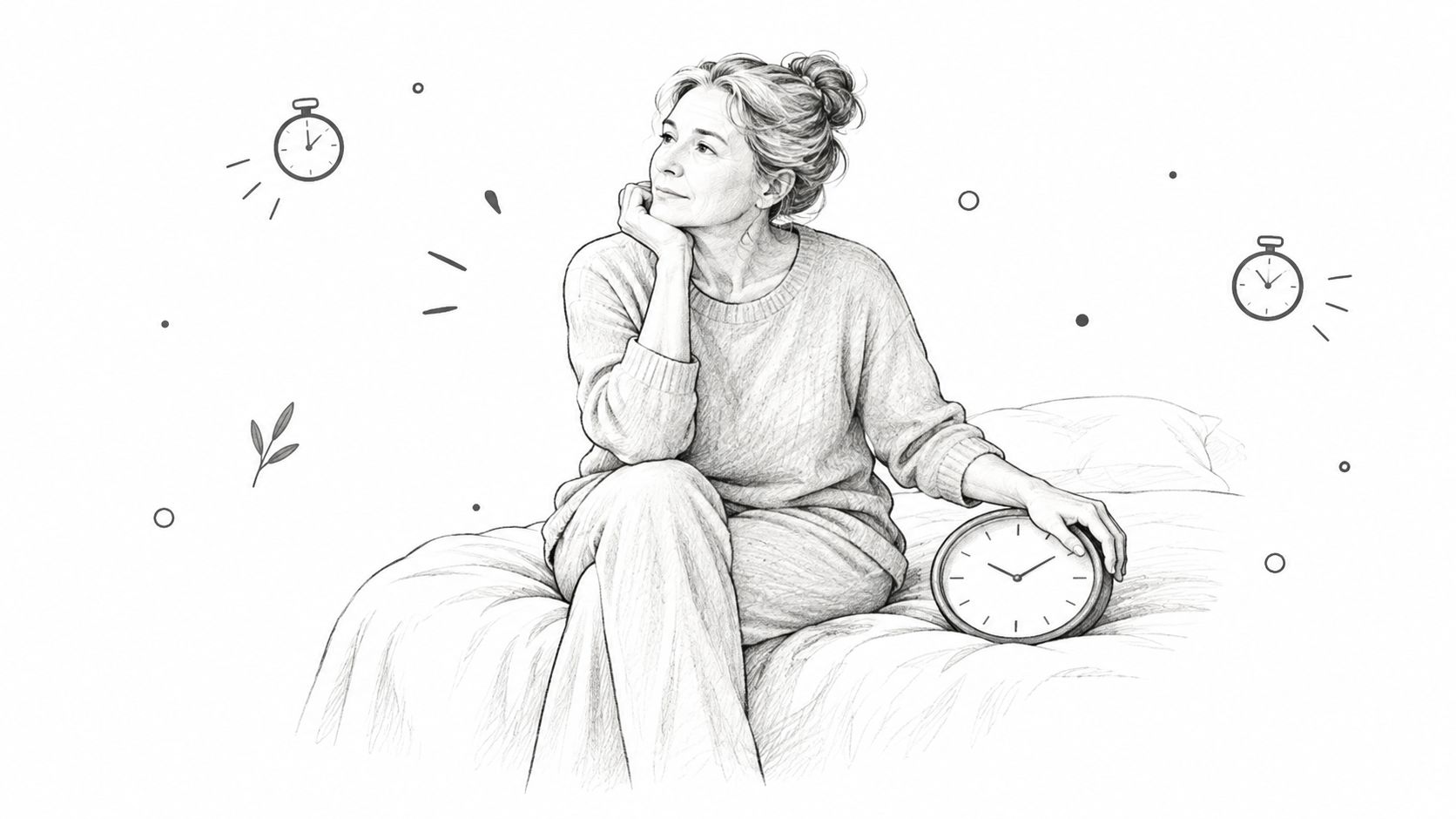 A contemplative woman sitting on a bed with clocks surrounding her, illustrating the concept of waiting.