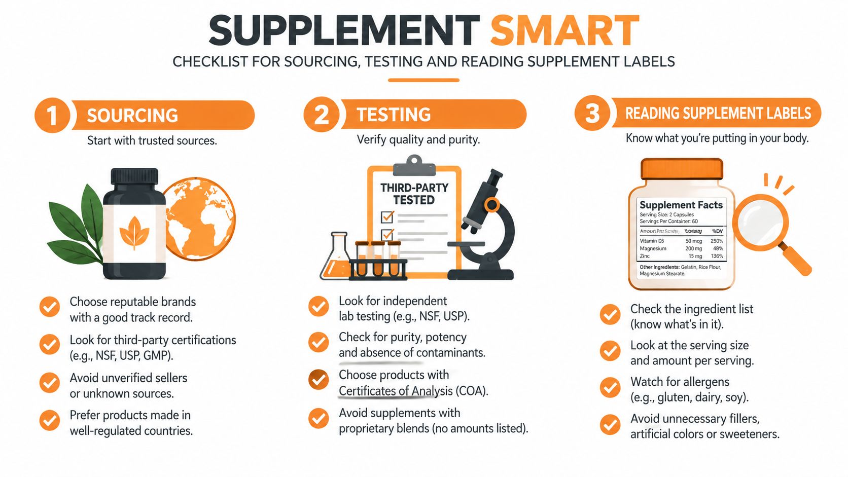 An infographic titled Supplement Smart providing a three-step checklist for sourcing, testing, and reading supplement labels.