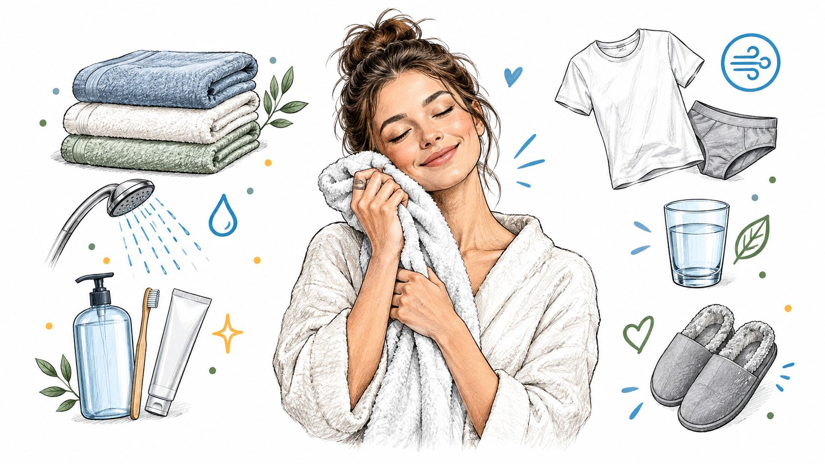 A young woman smiling in a bathrobe after a refreshing shower, surrounded by hygiene and comfort items.