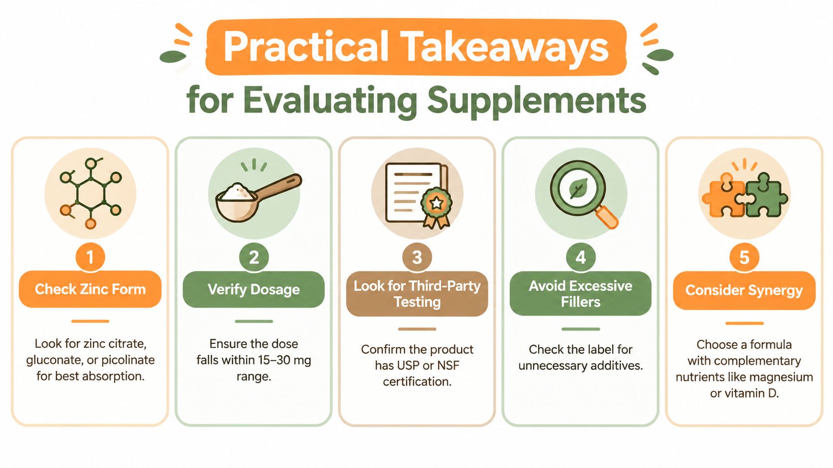 An infographic titled Practical Takeaways for Evaluating Supplements showing five steps for selecting high-quality zinc supplements.