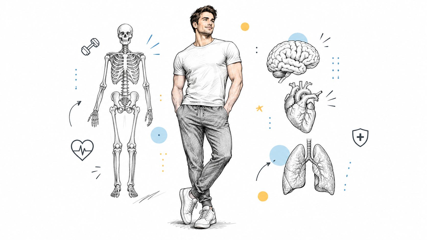 A digital illustration featuring a young man standing beside a skeleton and several vital human organs.