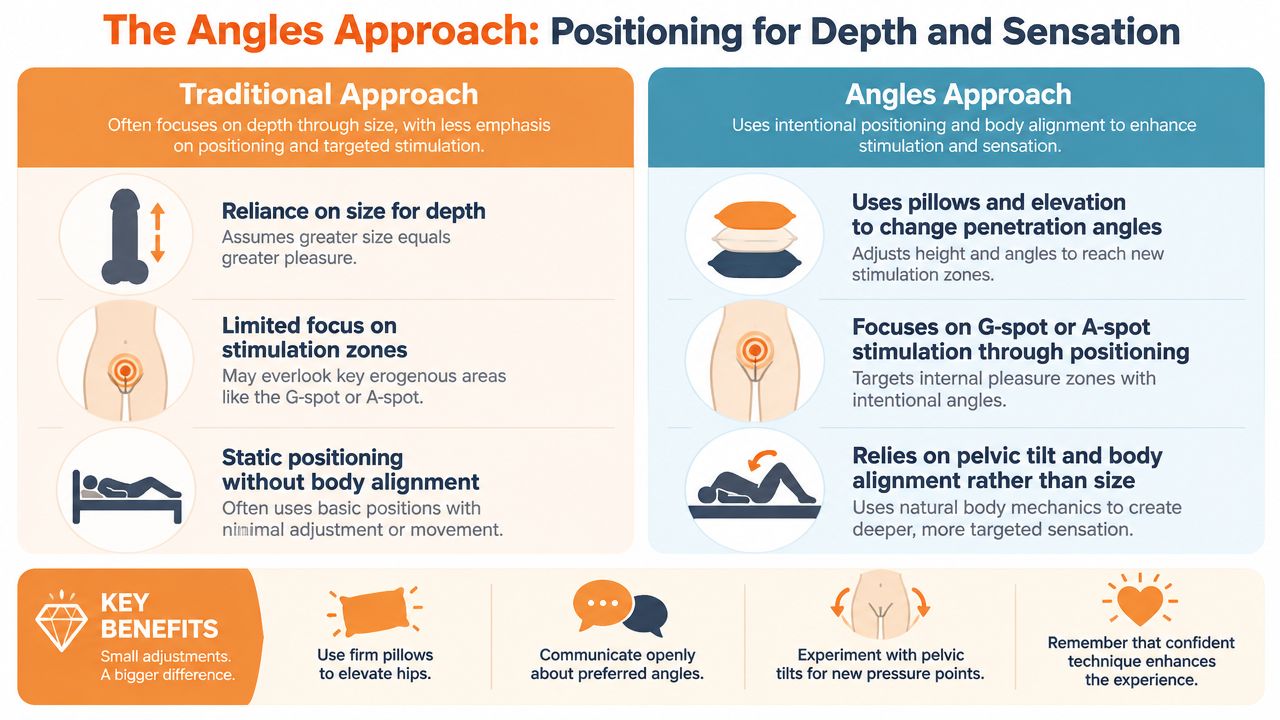 A comparison infographic between traditional sex positions and the angles approach for improved intimacy and pleasure.