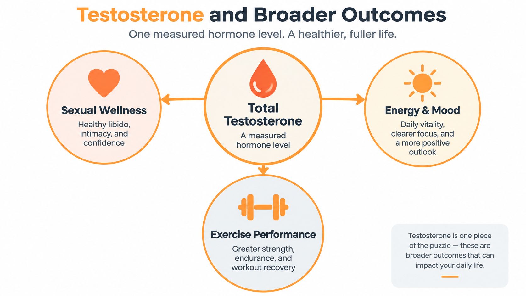 A diagram illustrating how total testosterone levels positively influence sexual wellness, energy, mood, and exercise performance.