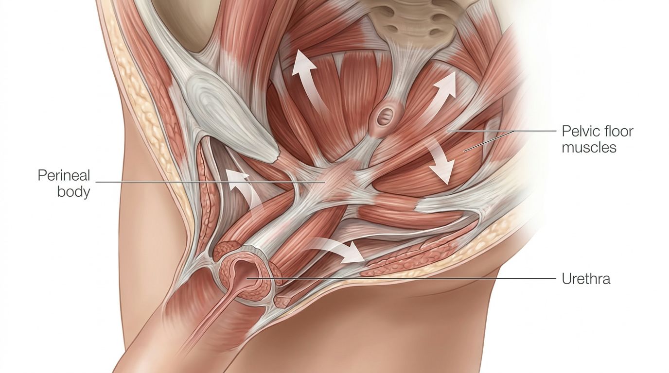 An anatomical illustration showing the muscles of the male pelvic floor and the perineal body region.