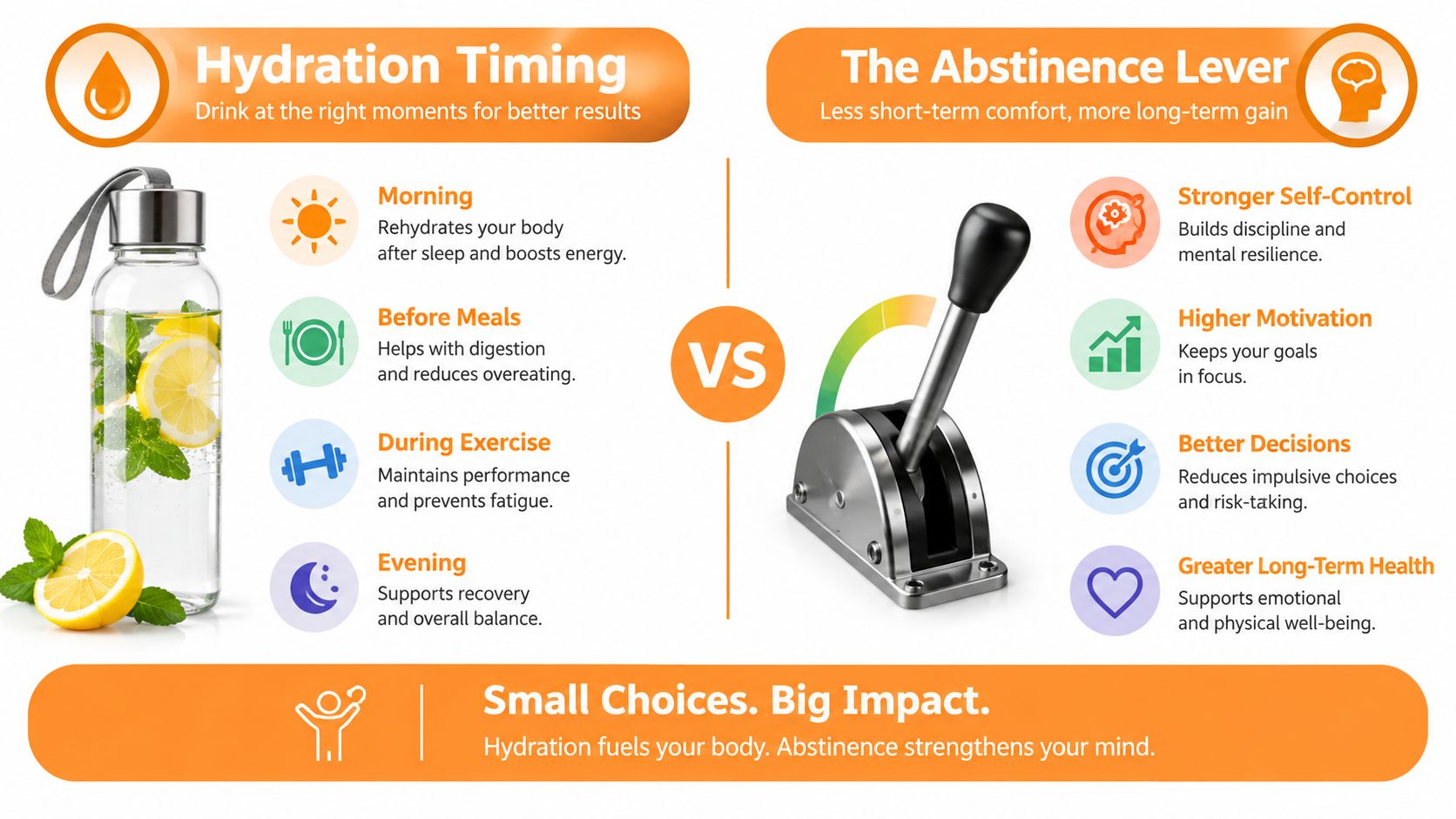An infographic comparing hydration timing and the abstinence lever as tools for physical and mental well-being.