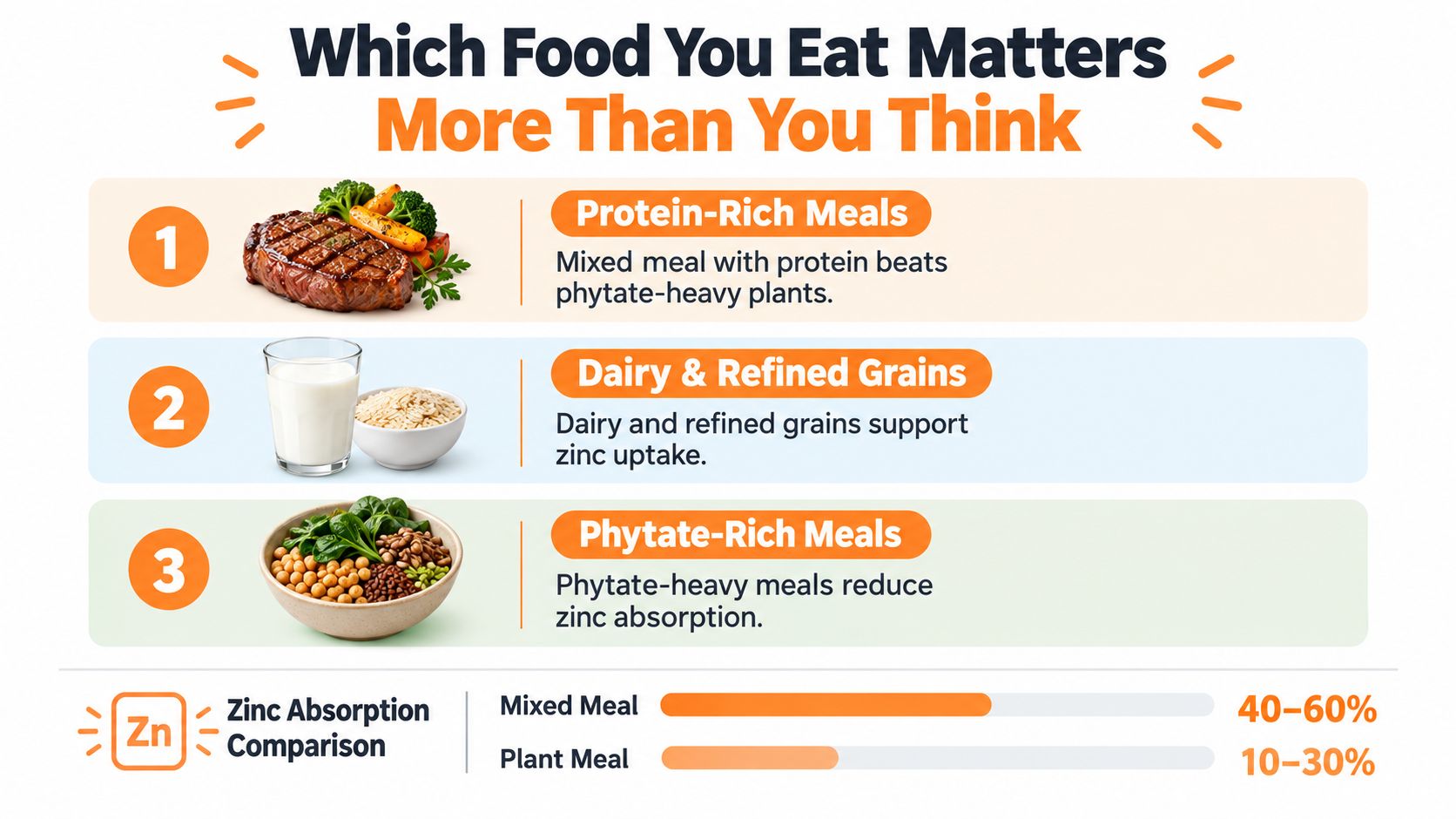 An infographic showing how different food types like protein, dairy, and phytates affect zinc absorption levels in humans.