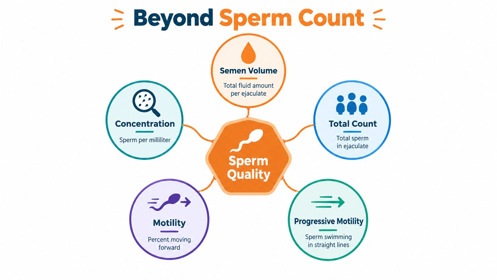 An infographic diagram explaining five key indicators used to assess sperm quality beyond just sperm count.