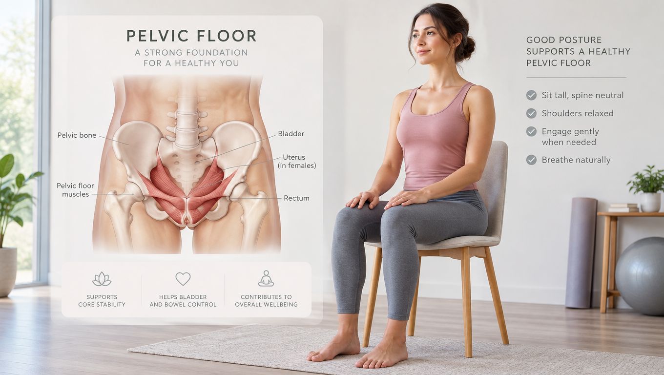 A diagram illustrating pelvic floor anatomy alongside a woman demonstrating good posture while seated on a chair.