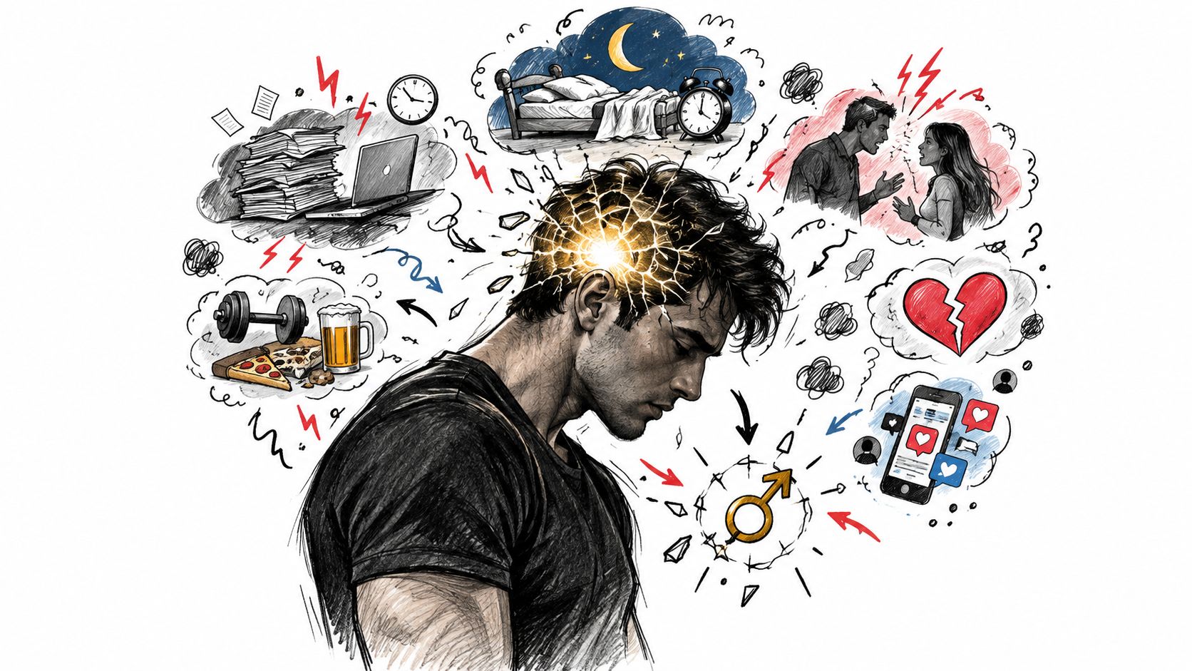 A distressed man with a cracked head representing psychological pressure, stress, relationship issues, and lifestyle struggles.