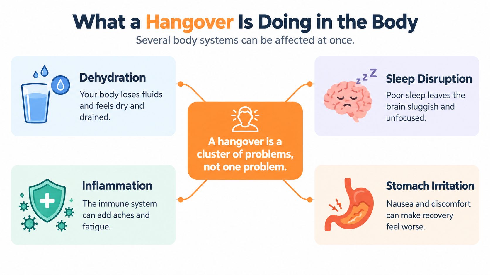 An infographic showing four common physical effects of a hangover: dehydration, sleep disruption, inflammation, and stomach irritation.