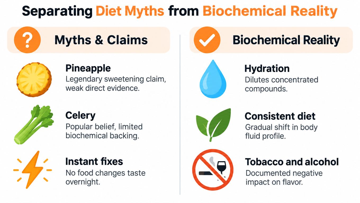 A comparison chart separating common diet myths and biochemical realities regarding the effect of food on taste.