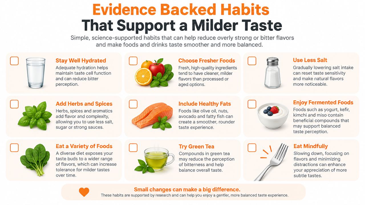 An infographic titled Evidence Backed Habits That Support a Milder Taste, featuring nine health tips with icons.