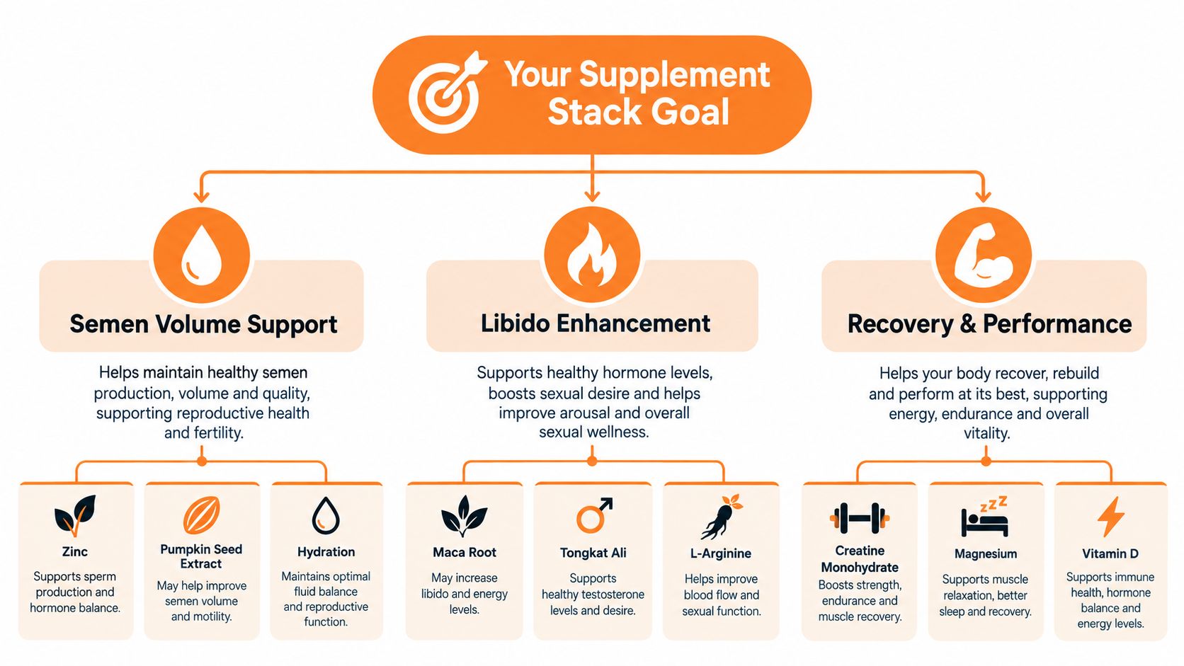 A diagram outlining a men's supplement stack focused on semen volume, libido enhancement, and physical recovery performance.