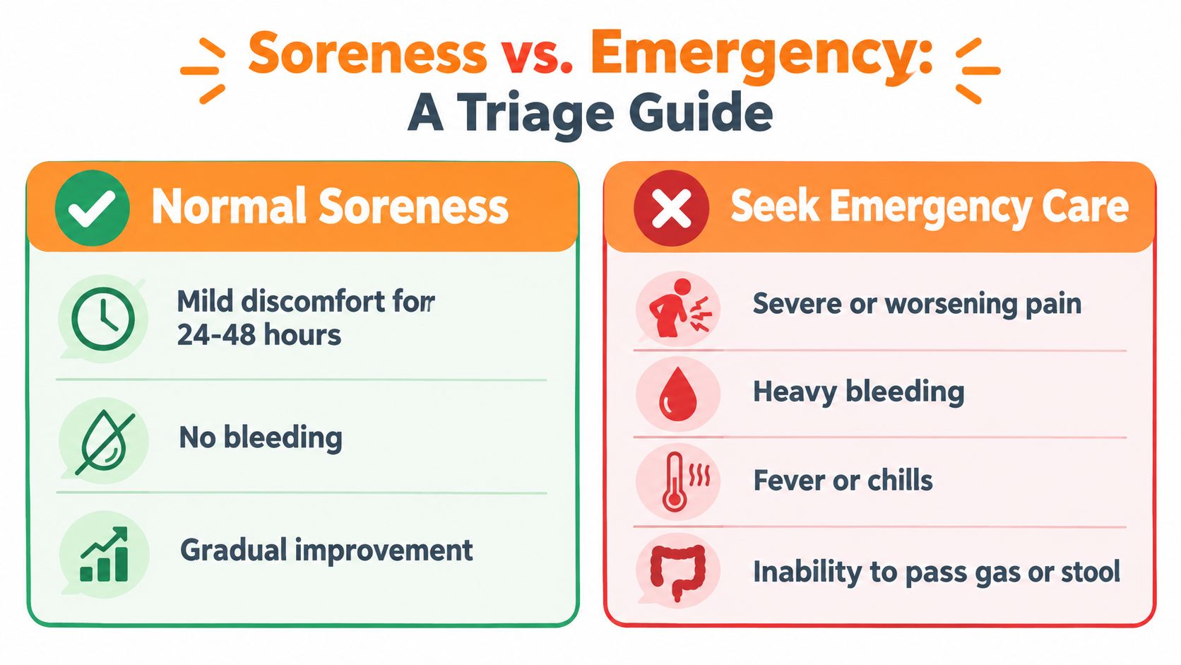 A medical infographic comparing symptoms of normal soreness against symptoms that require seeking emergency care.