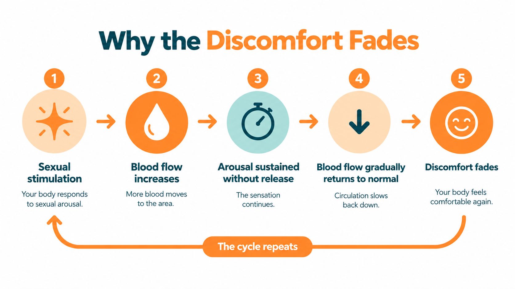 A five-step infographic explaining the physiological cycle of how discomfort caused by sexual arousal fades over time.