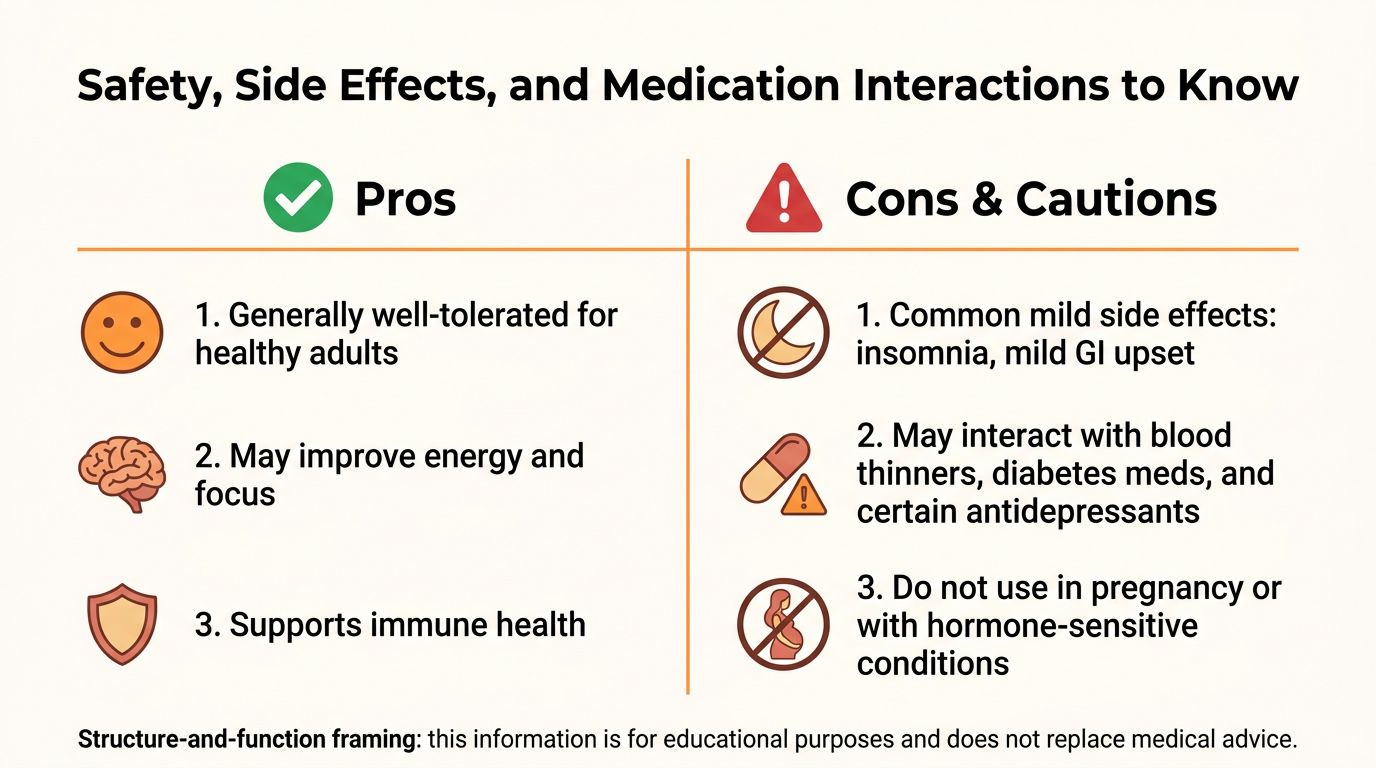 A chart outlining the potential benefits, common side effects, and safety precautions for using Panax ginseng supplements.