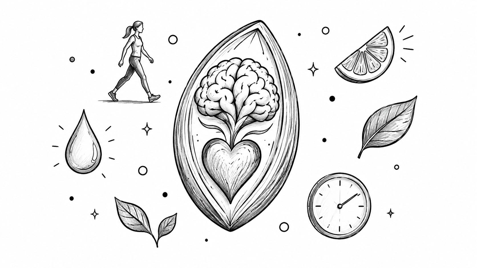 A line drawing illustration representing healthy habits like exercise, hydration, nutrition, and rest for reproductive wellness.