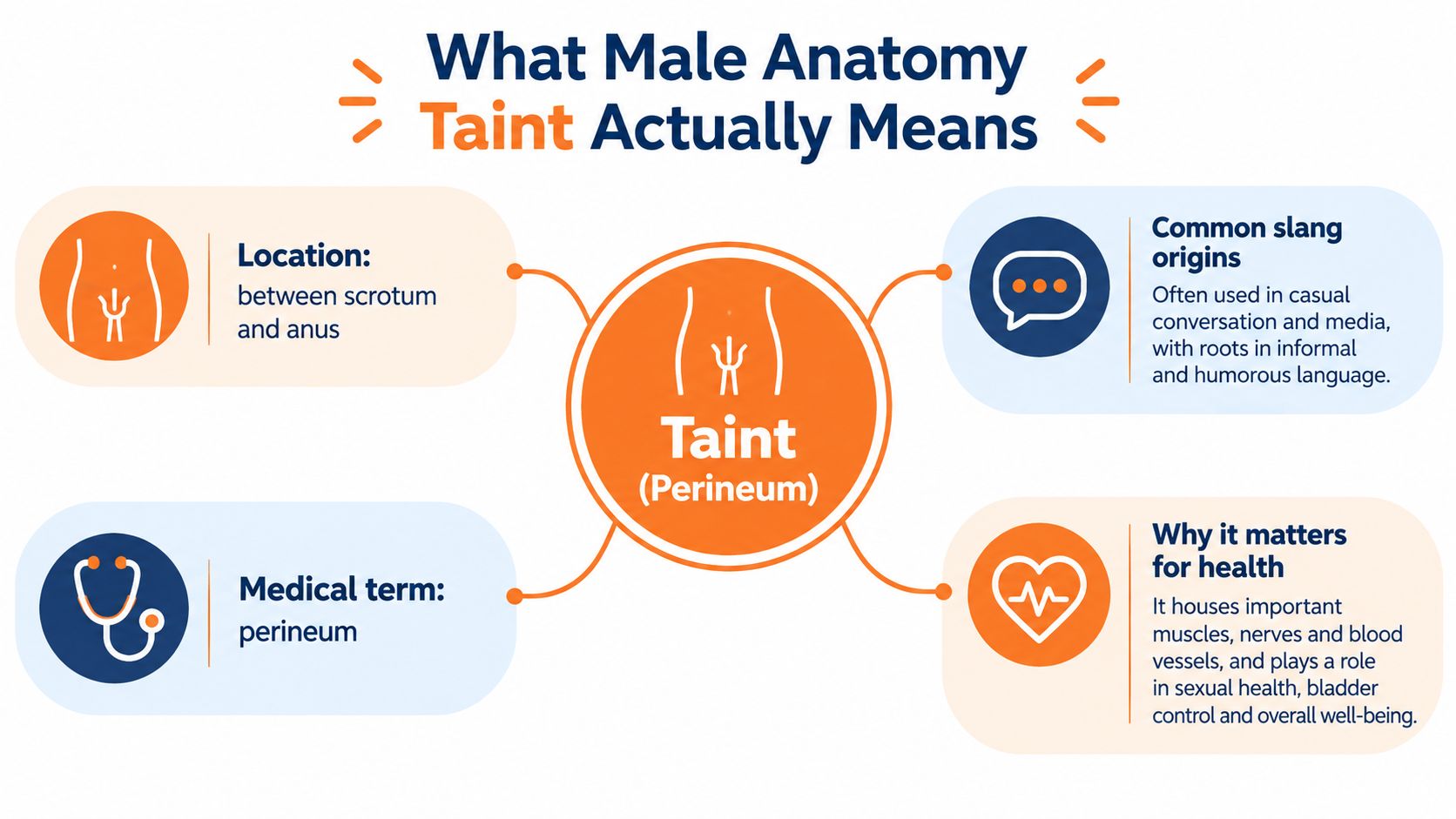 An infographic explaining the definition, medical term, origins, and health significance of the male perineum, commonly called the taint.