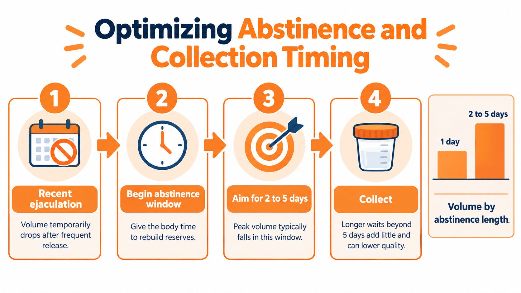 An infographic showing a four-step process for optimizing semen collection timing for improved volume and quality.