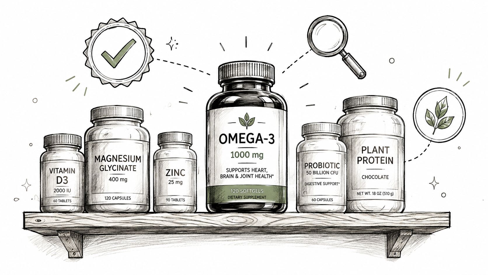 A hand-drawn illustration showing a wooden shelf with various dietary supplement bottles including Omega-3 and vitamins.