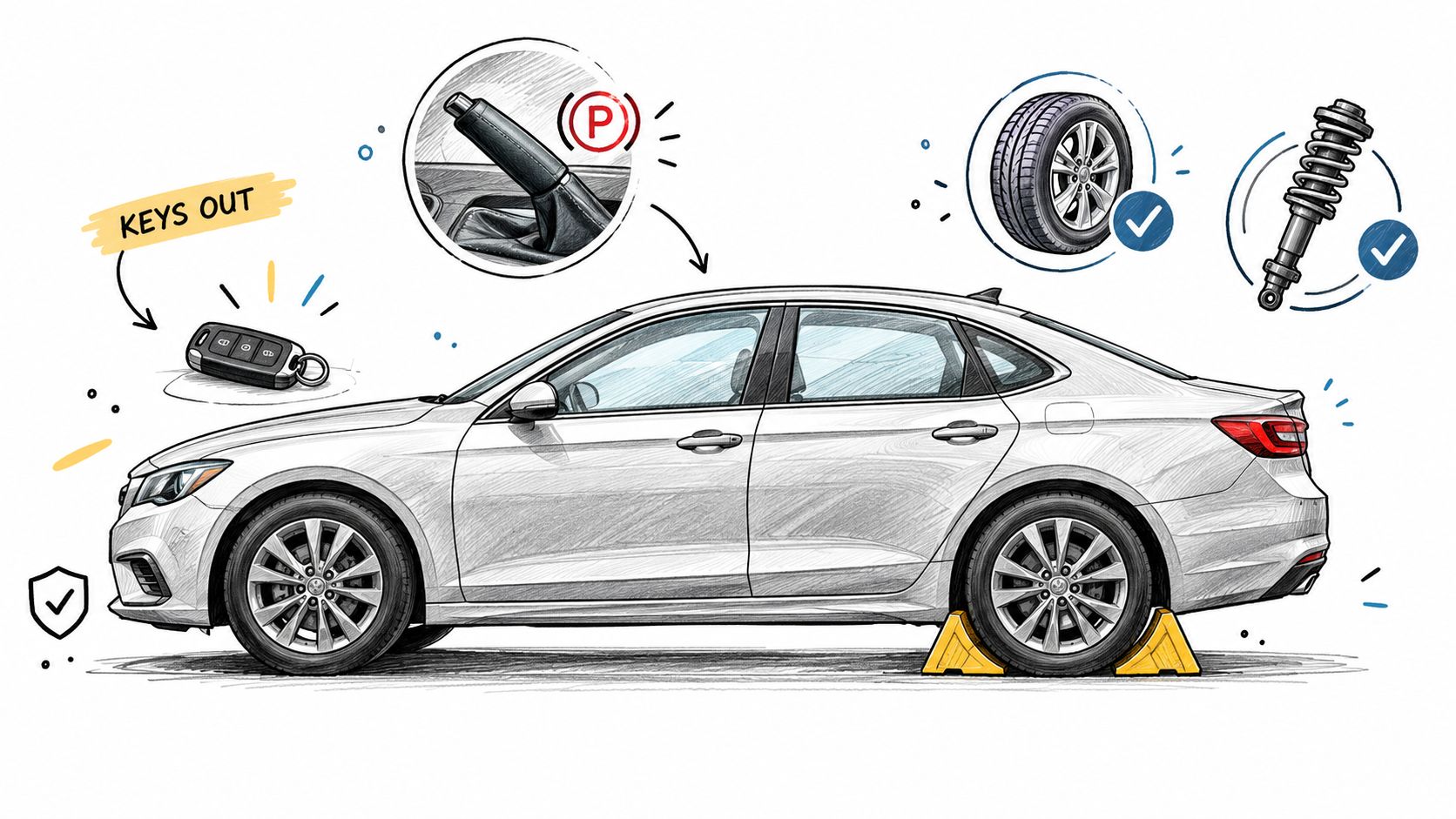 A line-art style illustration demonstrating vehicle safety procedures, including parking, key removal, and wheel stabilization.