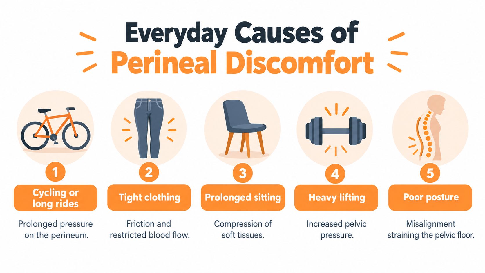 An infographic illustrating five everyday activities that can cause perineal discomfort, including cycling, tight clothing, and sitting.