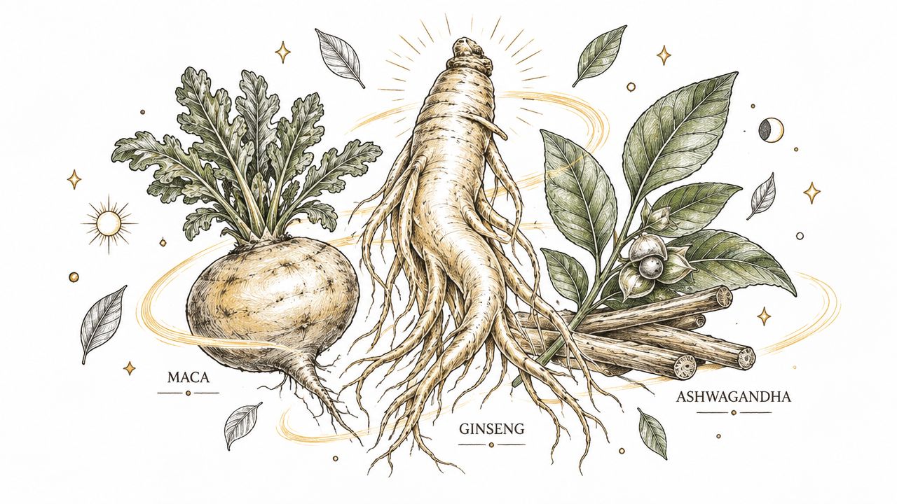 Detailed vintage-style botanical illustration of Maca root, Ginseng root, and Ashwagandha herbs with decorative golden accents.