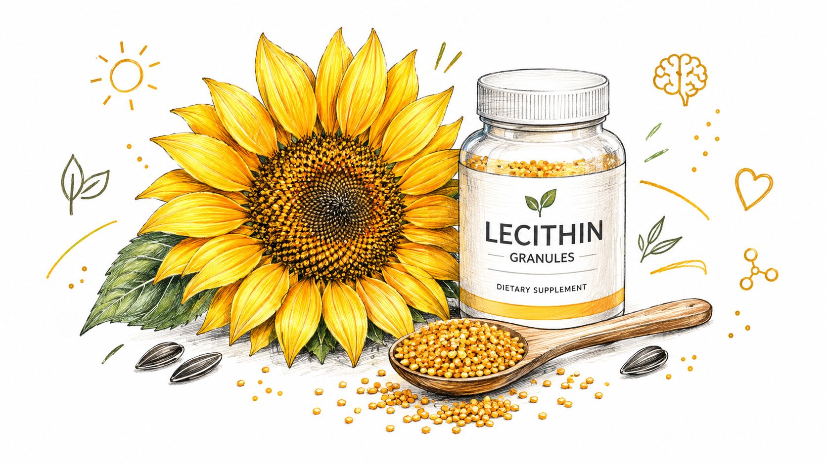 A botanical illustration of a sunflower, a jar of lecithin granules, and a wooden spoon with granules.