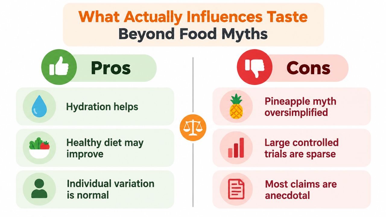 An infographic titled What Actually Influences Taste Beyond Food Myths comparing pros and cons of claims.