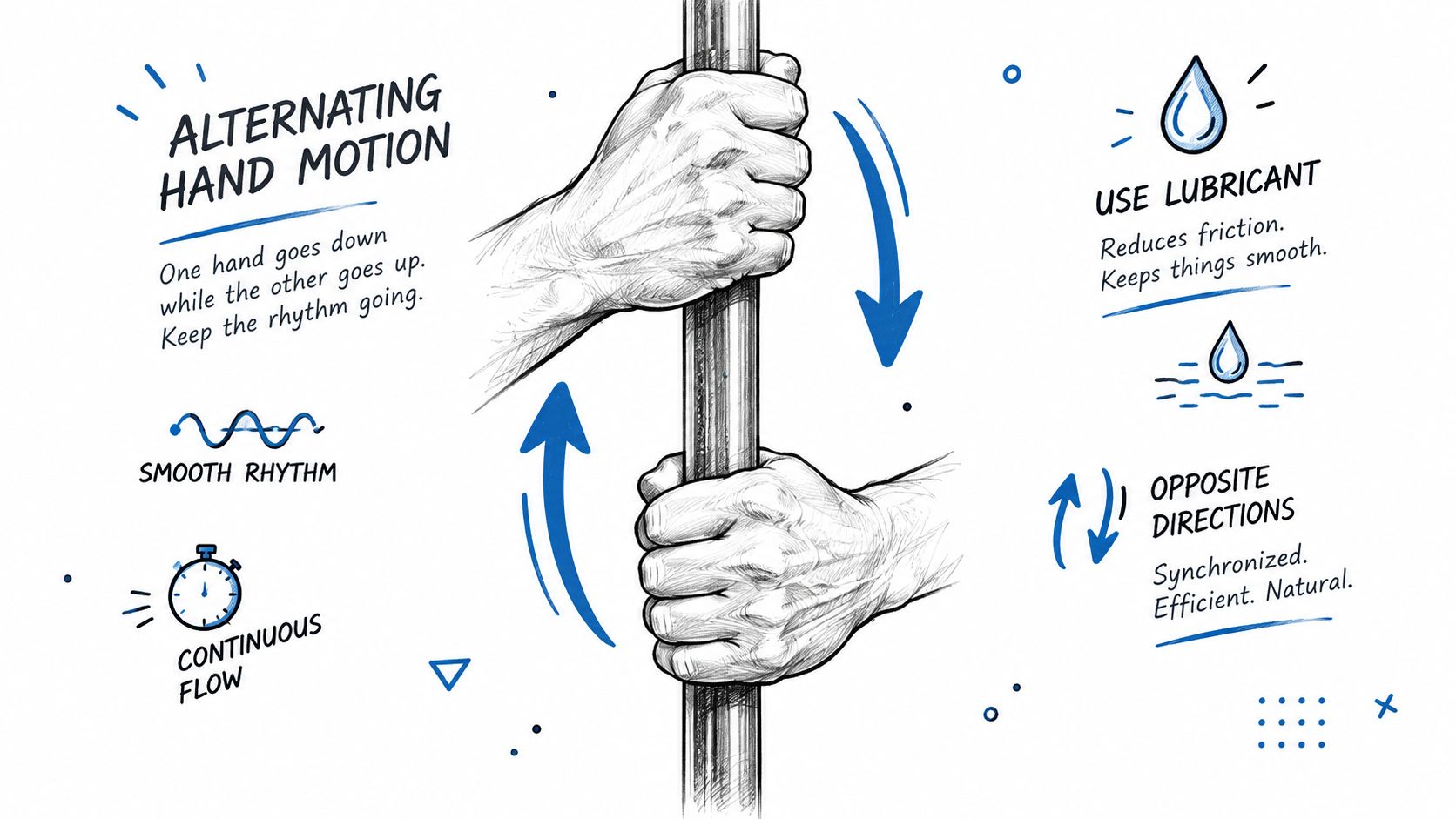 An illustrated guide demonstrating an alternating hand motion technique on a pole with tips for rhythm and lubrication.