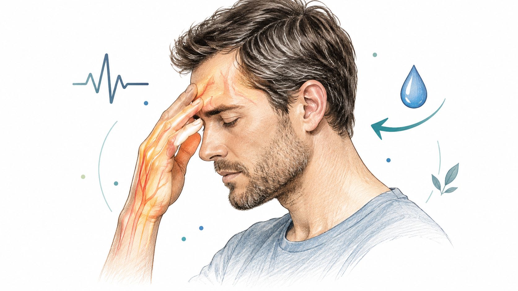 A man touching his forehead in distress with illustrated heart rate and hydration icons nearby